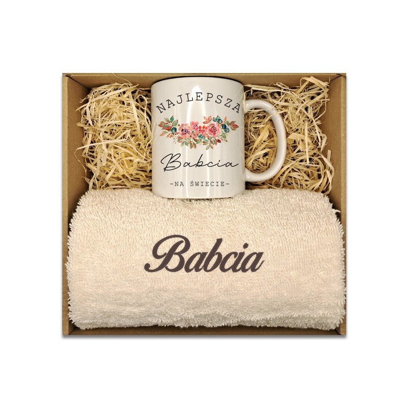 Prezent na DZIEŃ BABCI, BOX prezentowy, RĘCZNIK, KUBEK, pudełko z okienkiem